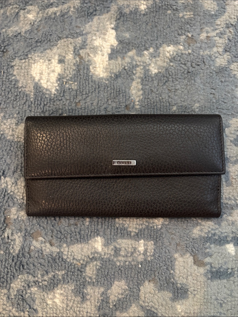 Gucci Dark Brown Pebbled Leather Continental Wallet with Metal Plaque